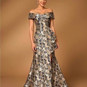 SHEIN Blue and Gold Floral Off-Shoulder Dress